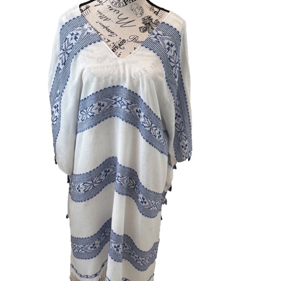Pookie & Sebastian Caftan Cover-Up; Beach; Tassels; Fringe; White/Blue; One Size - Picture 1 of 6